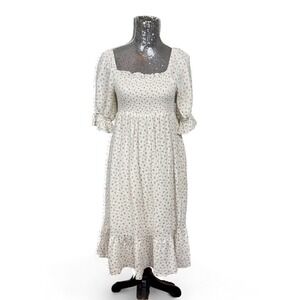 Cottagecore Smocked Puff‎ Sleeve Floral Ruffle Hem Midi Dress Small Garden Party